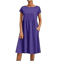Womens Cotton Linen Babydoll Knee Length Shirt Dress Summer Round Neck Short Sleeve Casual Loose Fit Plain Dresses