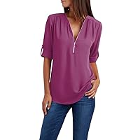 Women's V Neck Chiffon Blouse Half Zipper Roll Up Short Sleeve Tunic Shirt Comfy Lightweight Tops Work Casual Blouse