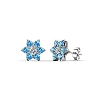 Natural Diamond & Blue Topaz Women Flower Earrings 0.43 ctw 14K Gold