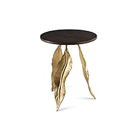 Furniture Verna Accent Walnut-Stained Mango Wood, Gold Leaf-Shaped Iron Base, Whimsical Design, Solid Construction Table, 18 x 18 x 22.25
