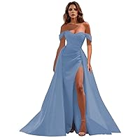 Off The Shoulder Long Satin Prom Dresses 2024 Mermaid Ruched Split Ball Gowns for Women Formal Dress KO011