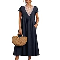 Summer Lace V Neck Dress for Women 2024 Casual Comfy Cotton Linen Short Sleeve Tunic Beach Maxi Dresses with Pockets