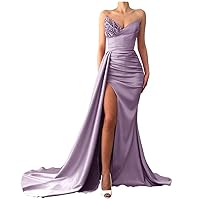 Sequin Beaded Mermaid Prom Dresses 2024 Strapless Long Satin Bridesmaid Dresses Formal Evening Party Wedding Gown with Slit