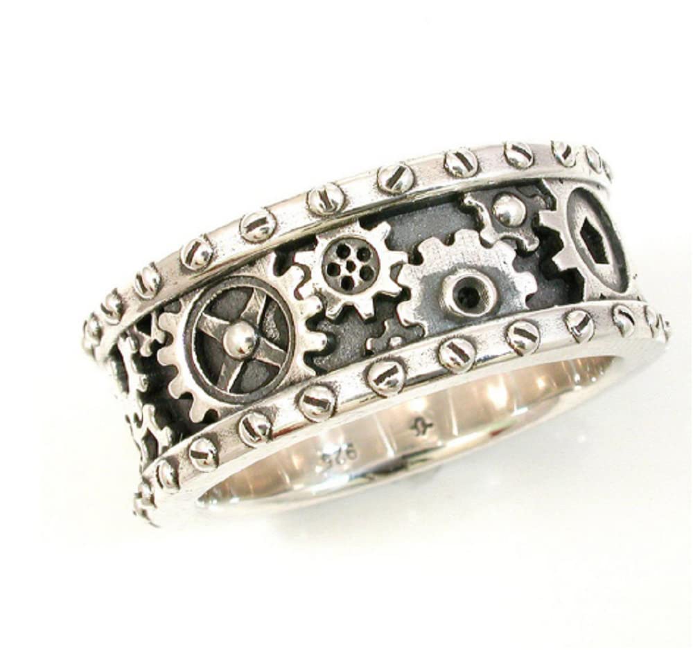 Awmnjtmgpw 925 Sterling Silver creative gear Steampunk mechanical Ring Vintage men's and women's personalized fashion ring size 6-10