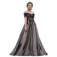 Women's Gothic Wedding Dress Black A Line Tulle Prom Dress Backless Evening Gown Formal