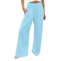 Cotton Linen Palazzo Pants Summer Pants for Women Casual Pockets Wide Leg Drawstring Elastic Waist Capris Crop Pants