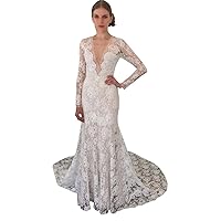 V-Neck Long Sleeves Boho Bridal Gowns with Train Lace Mermaid Wedding Dresses for Bride 2022 Plus Size