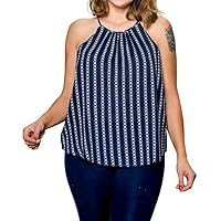 Plus Size Halter Neck Tops for Women Boho Aztec Navy Striped Loose Fit Tunic Blouses Summer Tops, Women's Sleeveless Tank Top