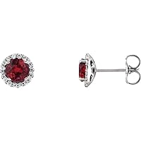 Solid 925 Sterling Silver Ruby and 1/6 Cttw Diamond Stud Earrings (.16 Cttw) (Width = 7.3mm)
