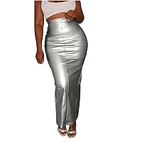 High Waisted Bodycon Skirt for Women Slim Fit Metallic Skirt Wrap Solid Color Club Skirt Casual Party Maxi Skirt