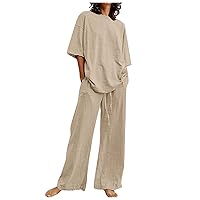 2 Piece Outfits For Women Summer Cotton Linen Loose Casual Short Sleeve T Shirts Top Long Pants Tracksuit