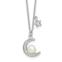1.25mm 925 Sterling Silver Rhodium Plated CZ Cubic Zirconia Simulated Diamond and Fwc Pearl Celestial Moon And Star Necklace 18 Inch Jewelry for Women