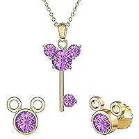 Created Round Cut Purple Amethyst Gemstone 925 Sterling Silver 14K Rose Gold Over Diamond Mickey Mouse Key Stud Earring Pendant Necklace Jewelry Set for Women's & Girl's