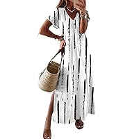 Women's Black and White Simple Summer V-Neck Dress Short Sleeve Loose A-line Side Slit Long Skirt