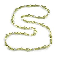 Light Green/White Glass Bead Long Necklace - 84cm Long