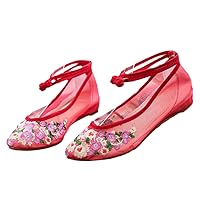 Summer Women Pointed Toe Organza Sandals Ladies Flat Heeled Transparent Loafers Ankle Strap Runway Nurse Shoes Red 4.5