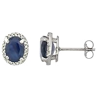 10k White Gold Diamond Natural Quality Blue Sapphire Halo Stud Earrings Oval 7x5 mm