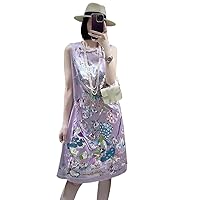 Summer Chinese Style Lady Facing Embroidered Fabric O-Neck Shoulder Dress