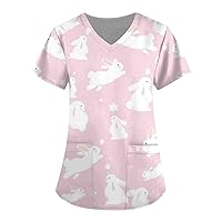 Easter Printed Blouse Ladies Tunic Short Sleeve Tee Dressy Tshirt V-Neck Workwear Fashion Tops with Pockets Summer Shirt