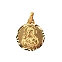 Amalia Children's Fine Jewelry 18kt Yellow Gold Sacred Heart (Heart of Jesus) Medal with Diamond Cut border 0.63 inch 16mm diameter