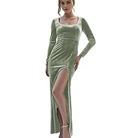 Women's Long Sleeve Velvet Bridesmaid Dresses Square Neck Formal Eveining Party Gowns with Slit 2024 R048