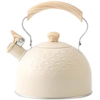 Hemoton 2.6 Quart/2.5 Liter Whistling Tea Kettle, Stainless Steel Teapot with Wooden Handle Stovetop Teapot Water Boiler Pot for Home Kitchen White