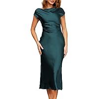 2023 Satin Cap Sleeve Cowl Back Summer Dresses for Women Elegant Ruched Waist Wedding Guest Midi Dress Emerald…