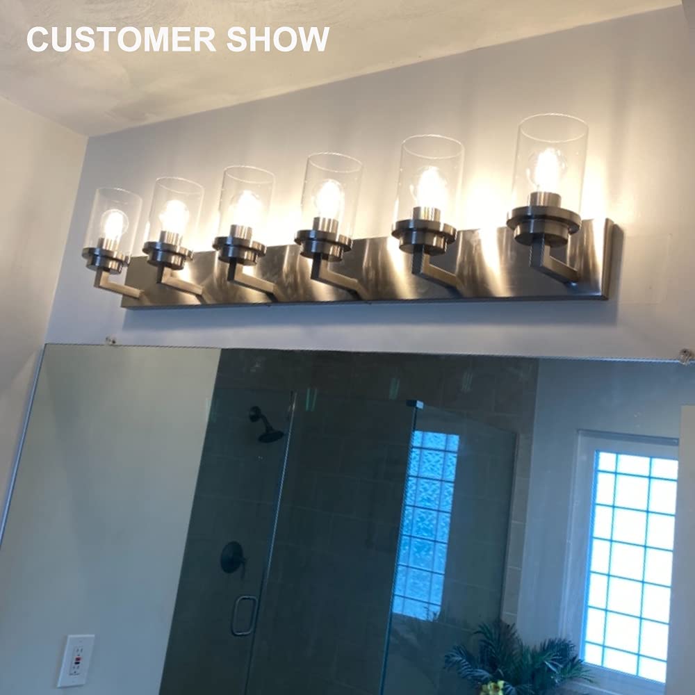 MELUCEE 6-Light Bathroom Lights Over Mirror in Brushed Nickel, Modern Industrial Vanity Lighting Fixture Indoor Wall Lights for Bath Kitchen Powder Room, Clear Glass Shade