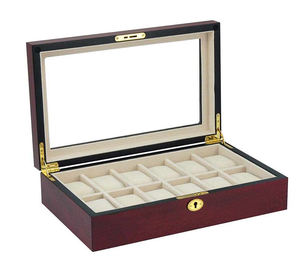 TimelyBuys Elegant 12 Piece Cherry Wood Rosewood Watch Box Display Case Collection Jewelry Box Storage Glass Top Father's Day Gift