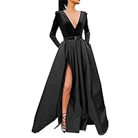 Women's Sexy V Neck Satin Prom Dress High Slit Long Sleeves Evening Dress Formal Gowns with Pockets Dark Gray