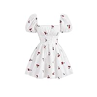Dresses for Women Cherry Print Ruched Bust Puff Sleeve Dress Womens Dresses