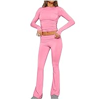 Women's 2 Piece Slim Lounge Sets Fold-over Flare Pants and Long Sleeve Crop Tops Casual Comfy Pajamas Outfits