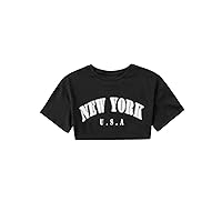 SweatyRocks Girl's Letter Print Crew Neck T Shirts Short Sleeve Drop Shoulder Crop Tops Black 9Y