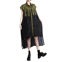 Summer Spliced Mesh Midi Dress Women Tassels Korean Style Button Front Shirt Dress Sleeveless A-Line Dress