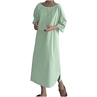 Women 3/4 Sleeve Cotton Linen Home Casual T-Shirt Dress Summer Fashion Crewneck Loose Fit Solid Tunic Swing Dress