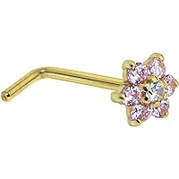 Body Candy Solid 14k Yellow Gold Pink and Clear Cubic Zirconia Flower L Shaped Nose Stud Ring 20 Gauge 1/4