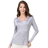 Women Natural Silk T Shirt Summer Long Sleeves V Neck Solid Basic Bottoming Shirts Top