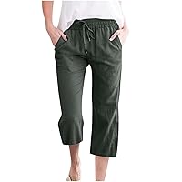 Capri Pants for Women Casual 2024 Summer Linen Pants Drawstring Elastic High Waist Straight Wide Leg Cropped Trousers
