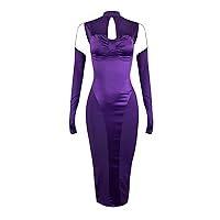 Womens Summer Dresses Ladies fibreDress Backless Pleated Satin Finger Sleeve Elegant Hip Skirt Dress(Purple,Large)