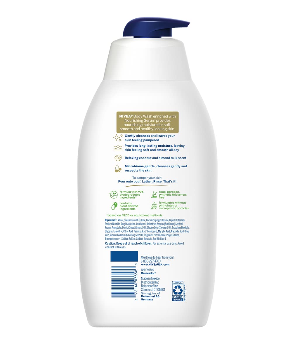 NIVEA Coconut and Almond Milk Moisturizing Body Wash for Dry Skin, 30 Fl Oz Pump Bottle