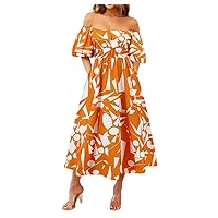 Women's Printed Dress One Line Neck Dress Bubble Sleeves Dresses Casual A-Line Dress