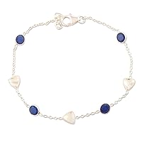 NOVICA Handmade Sterling Silver Blue Onyx Station Bracelet India Gemstone Birthstone [7.5 in min L x 8 in max L x 0.2 in W] 'Blue Shine'