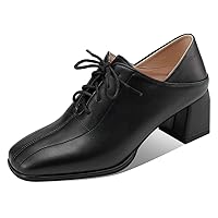 Women's Vintage Lace Up Pump Oxfords Square Toe Chunky Block Mid Heel Brogues Office Dress Shoes