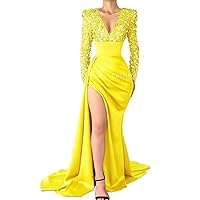 V Neck Sequin Mermaid Prom Dresses for Women Silk Satin Long Sleeve Evening Gown with Slit Formal Wedding Party Dresses
