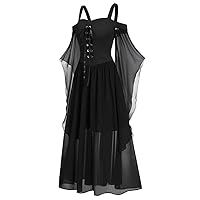 Womne Plus Size Cold Shoulder Butterfly Sleeve Lace Up Halloween Dress Irregular Mesh Lace up Dress Waist Gothic