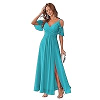 Off Shoulder Bridesmaid Dresses for Women Long Chiffon V Neck Formal Evening Gown with Slit