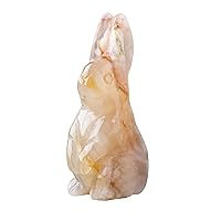 Runyangshi Flower Agate Rabbit Statue Hand Carved Rabbit Ornaments Healing Crystal Animal Figurine Sculpture Natural Crystal Decorative Ornaments Reiki Energy Home Decor