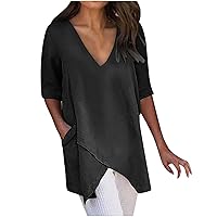 Womens Summer Blouses Comfy Cotton Linene V Neck Short Sleeve Tunic Tops Casual Plus Size Loose Fit Lightweight Plain T Shirt