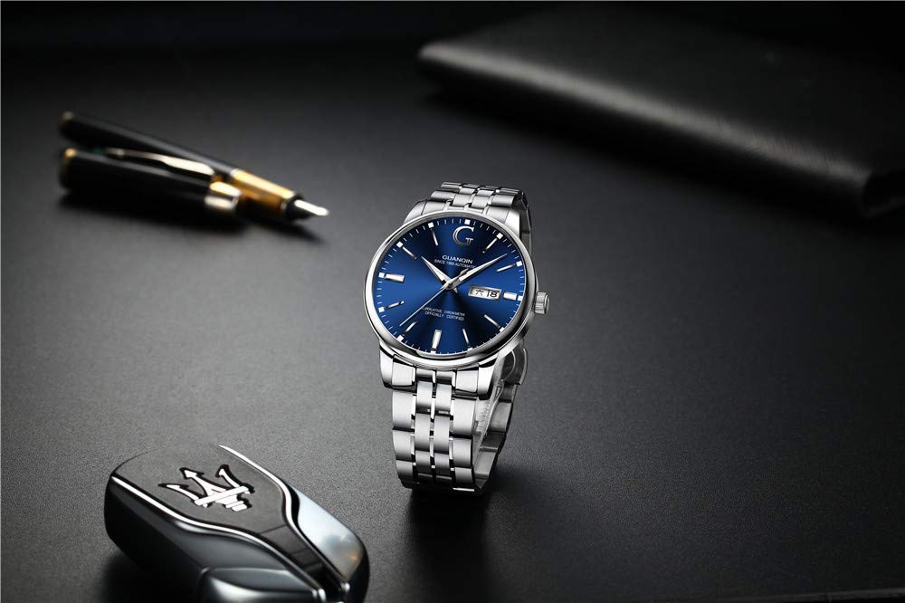 Guanqin Men Day Date Luminous Analog Japanese Automatic Self Winding Mechanical Wrist Watch with Stainless Steel Bracelet