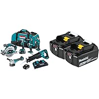 Makita XT616PT 18V LXT Lithium-Ion Brushless Cordless 6-Pc. Combo Kit (5.0Ah) with 2 Batteries and additional BL1850B-2 18V LXT Lithium-Ion 5.0Ah Battery, 2/pk (Total of Four 5.0Ah Batteries Included)